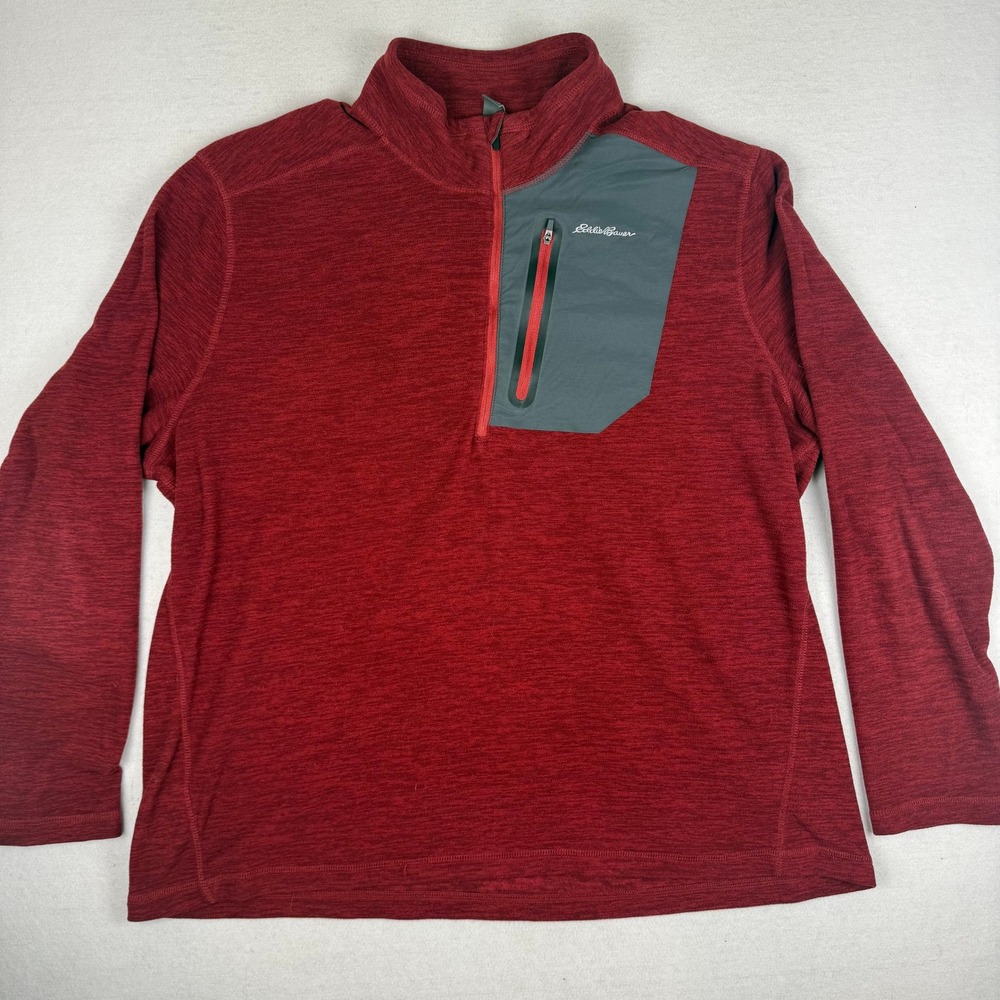 Eddie Bauer Mens XL Quarter Zip Pullover Red Heathered Fleece Chest Zip Pocket